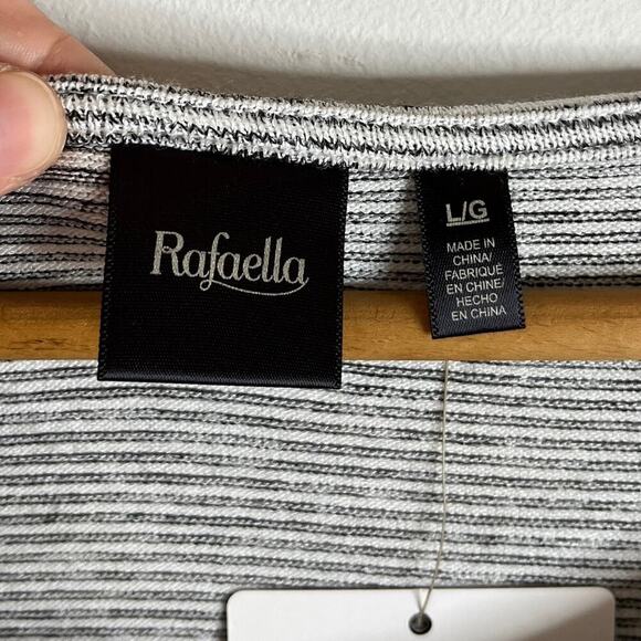 Rafaella Women's Tunic Sweater Sz L Striped Gray & White Asymmetric Grommet Neck - Picture 6 of 9